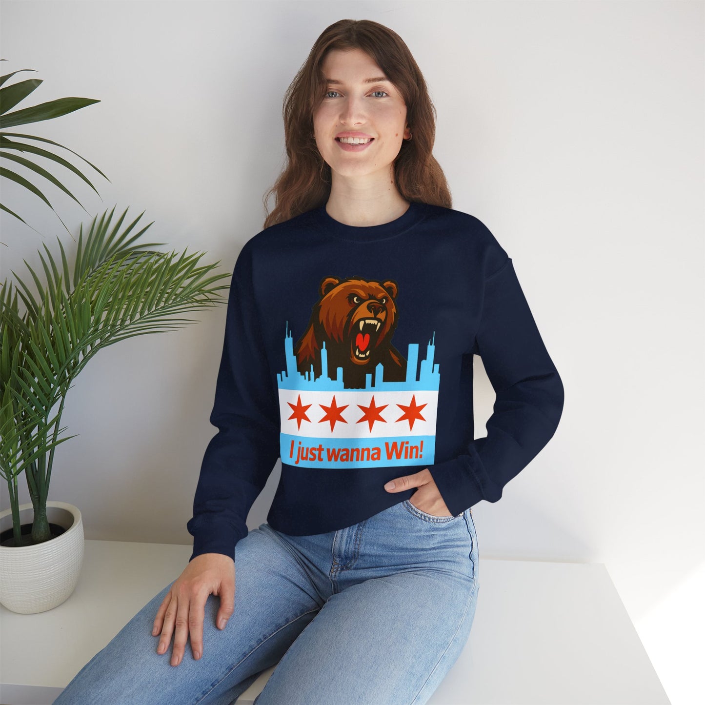 Chicago Bears Skyline Sweatshirt — "I Just Wanna WIN!" Flag Crewneck