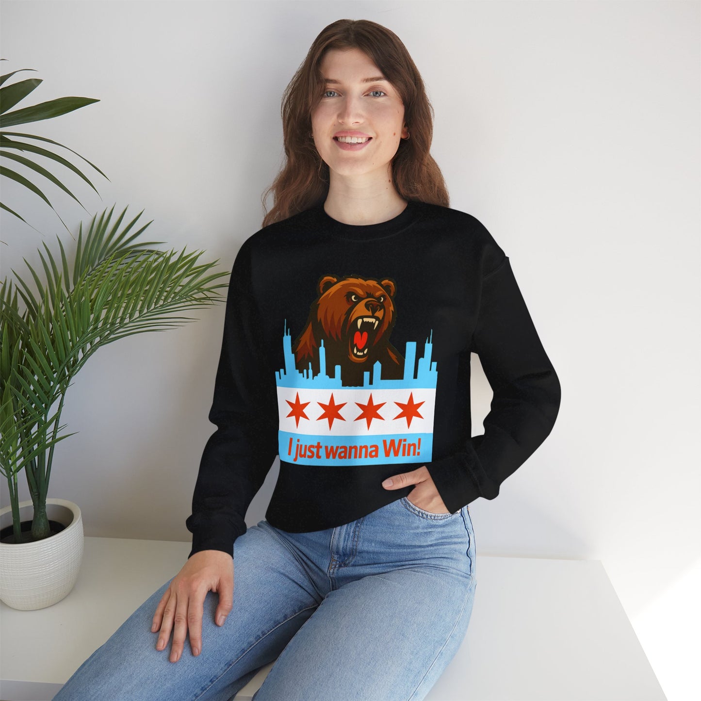 Chicago Bears Skyline Sweatshirt — "I Just Wanna WIN!" Flag Crewneck