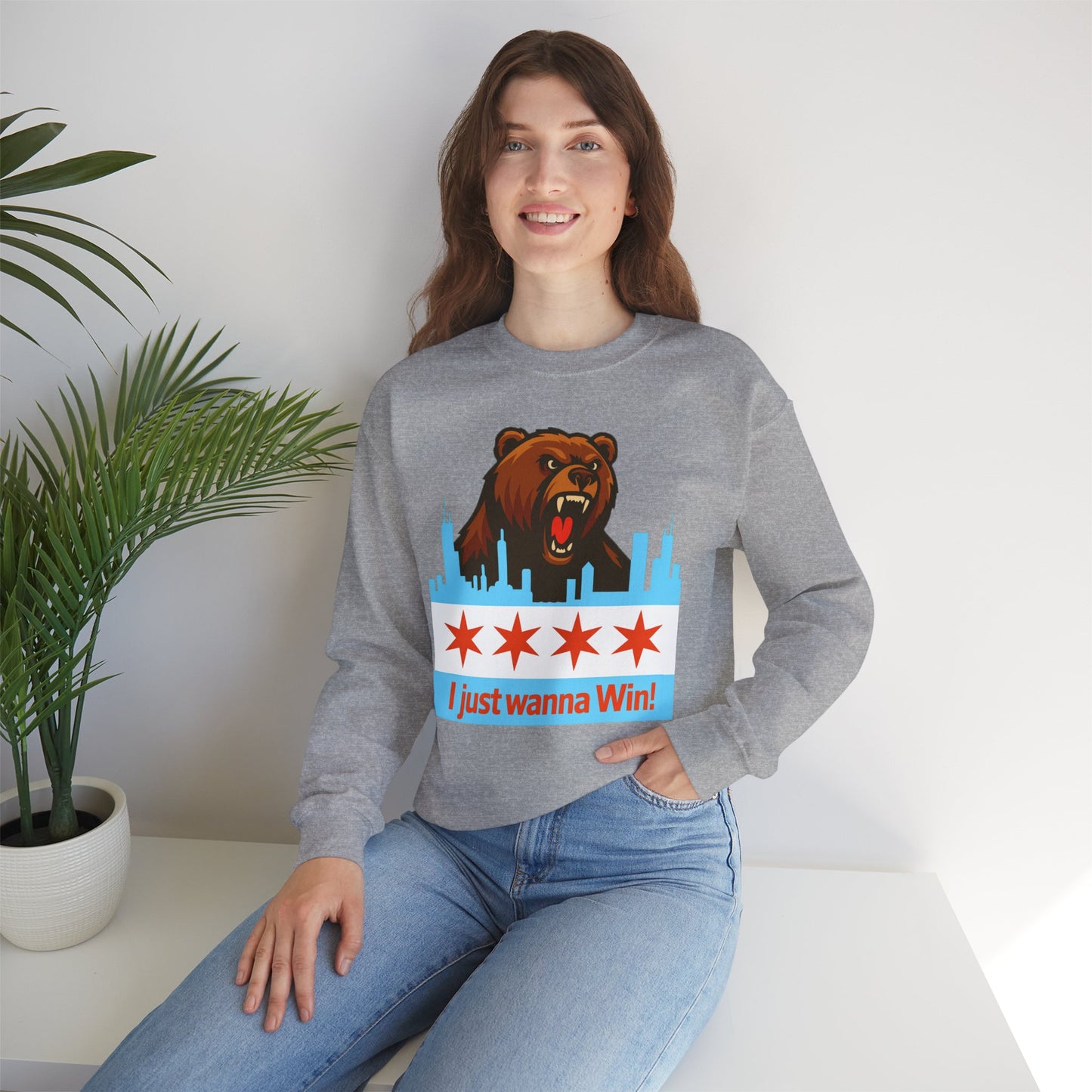Chicago Bears Skyline Sweatshirt — "I Just Wanna WIN!" Flag Crewneck