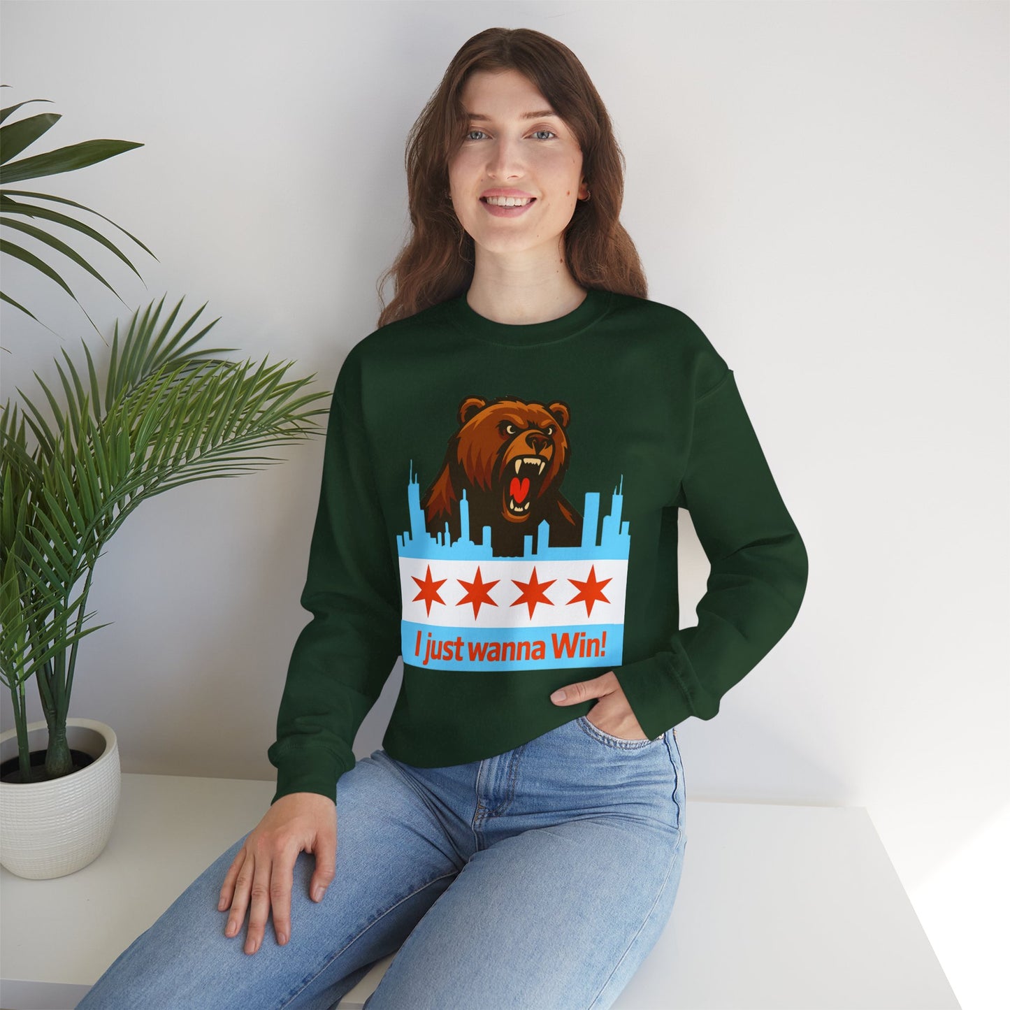 Chicago Bears Skyline Sweatshirt — "I Just Wanna WIN!" Flag Crewneck
