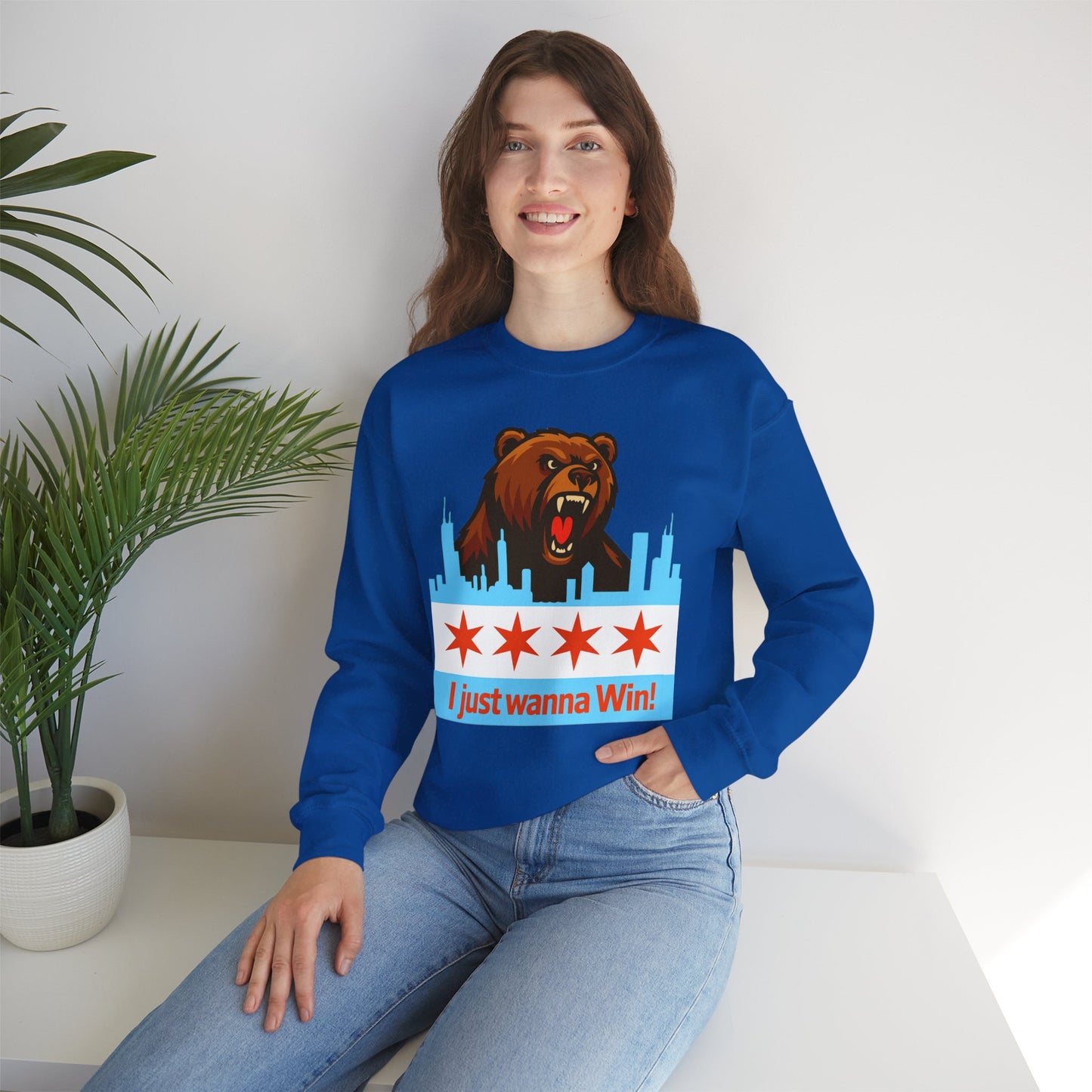 Chicago Bears Skyline Sweatshirt — "I Just Wanna WIN!" Flag Crewneck