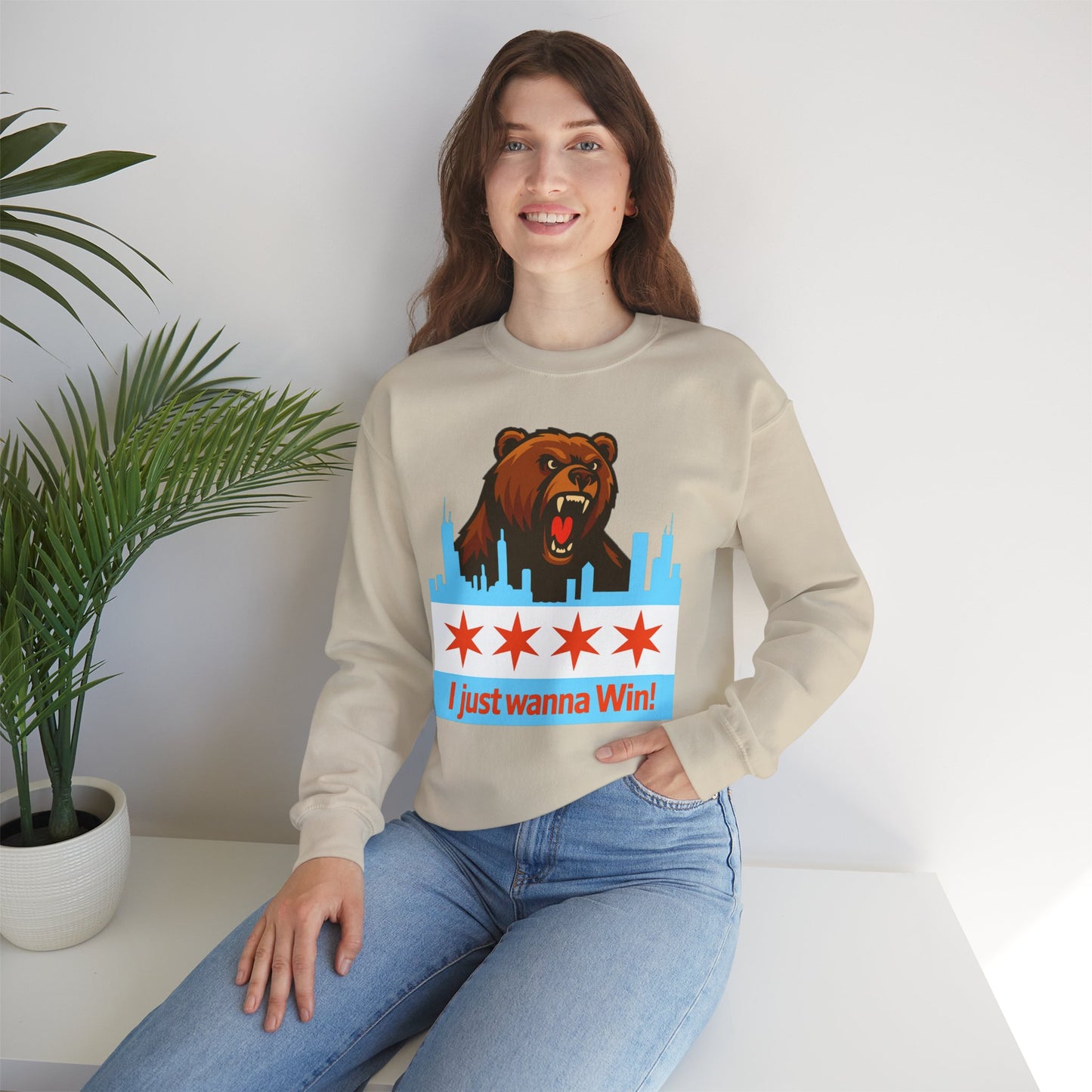 Chicago Bears Skyline Sweatshirt — "I Just Wanna WIN!" Flag Crewneck