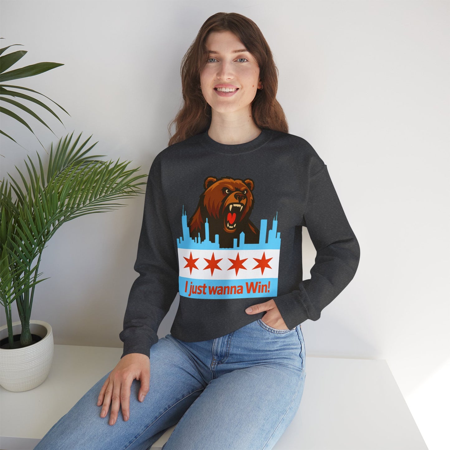 Chicago Bears Skyline Sweatshirt — "I Just Wanna WIN!" Flag Crewneck