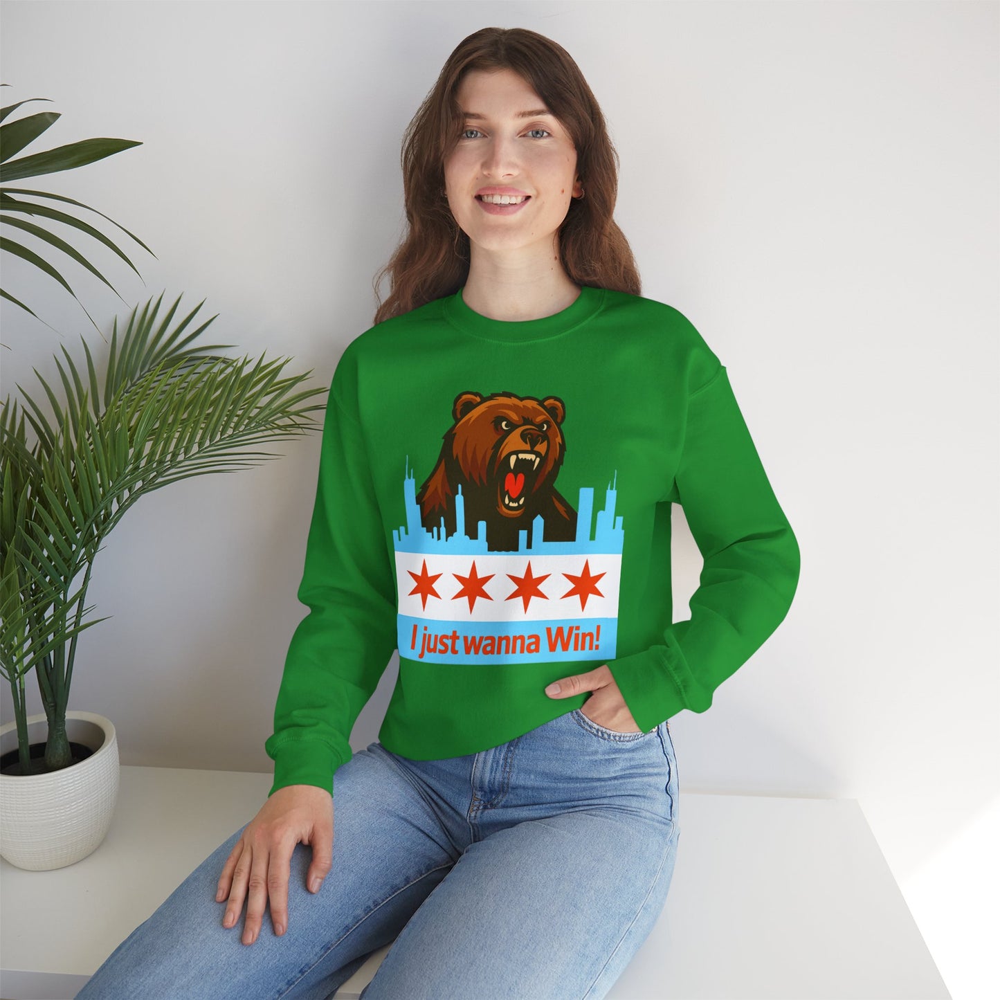 Chicago Bears Skyline Sweatshirt — "I Just Wanna WIN!" Flag Crewneck
